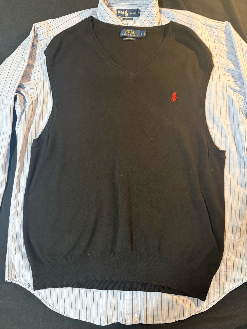 Lot Of 2 Polo Ralph Lauren Men’s Large Black Sweater Vest & Blue Button Shirt - Picture 5 of 12